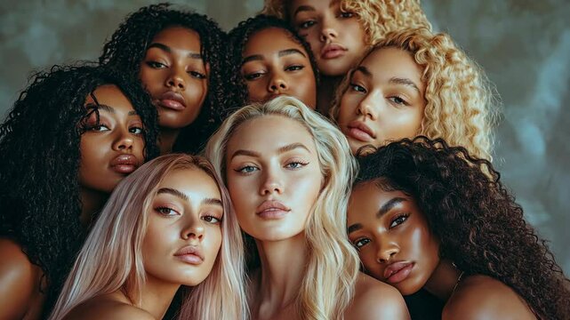 A group of women with different skin tones pose for a photo in a studio setting