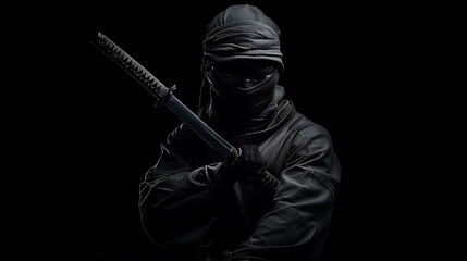 A ninja, dressed in black, with a sword in his hand, stands in the shadows, his face hidden by a mask. He is ready to strike at any moment.