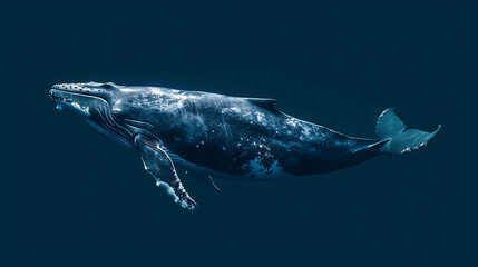 Obraz premium A majestic blue whale glides gracefully through the deep blue ocean, its enormous body shimmering in the sunlight.