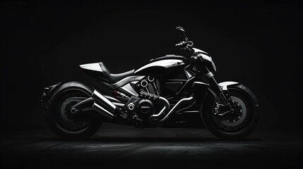 A powerful black motorcycle is isolated on a black background. The motorcycle is sleek and shiny, and it looks like it is ready to take off.