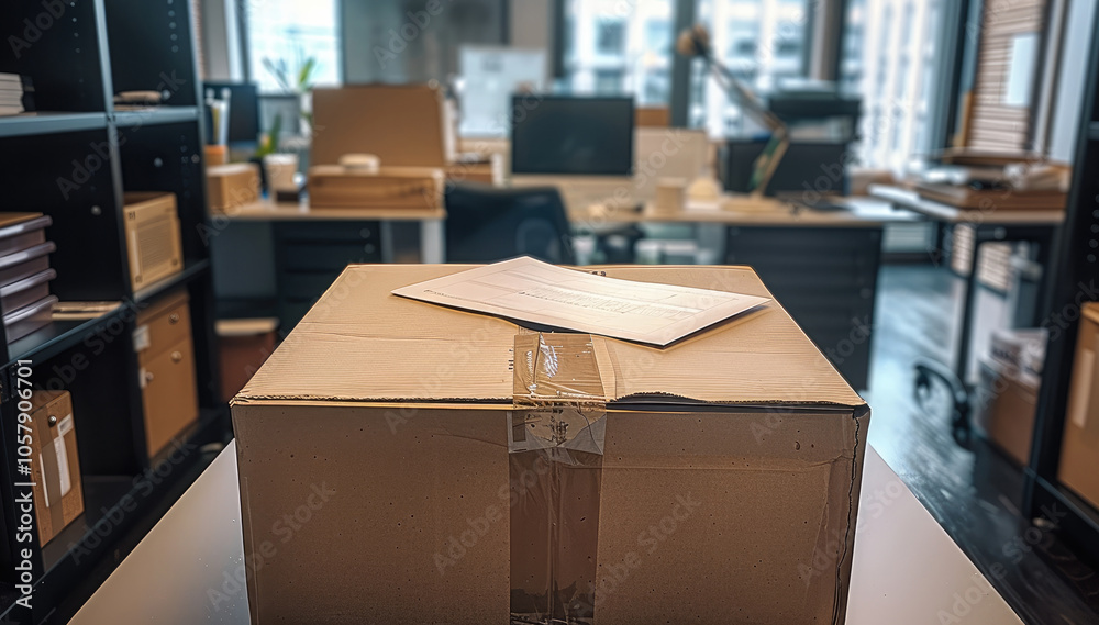 Poster a box on an empty desk, the box is opened, work supplies in the box.