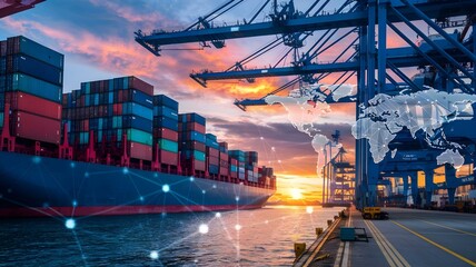Dynamic Shipping Port at Sunset: A Cargo Ship Loaded with Colorful Containers, Underlining Global Trade and Connectivity with a Digital World Map Overlay Signifying International Shipping Networks