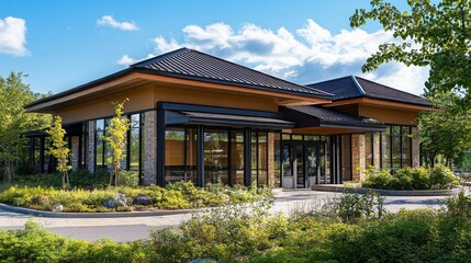 Modern building with large windows surrounded by greenery and a clear blue sky.