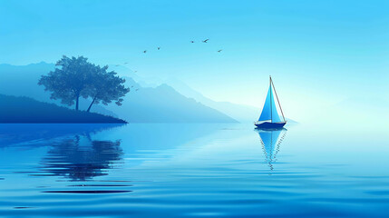Tranquil seascape with a lone sailboat. Gentle waves lap against the shore as the sun rises over the distant mountains.