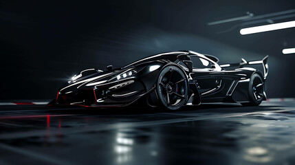 A black futuristic sports car is parked in a dark garage. The car is sleek and aerodynamic, with sharp lines and a low profile.