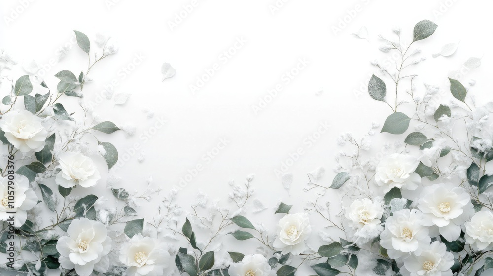 Poster a white background with white flowers and green leaves arranged on the bottom left and right sides o