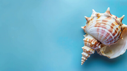 Obraz premium This image shows a seashell on a blue background. The seashell is a conch shell, and it is white and brown in color.