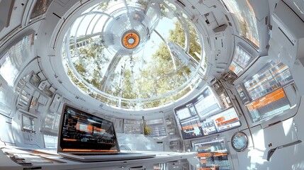 Obraz premium Modern Minimalistic Concrete Coworking Office room with Blank Walls, High Ceilings,and Mockup Frame