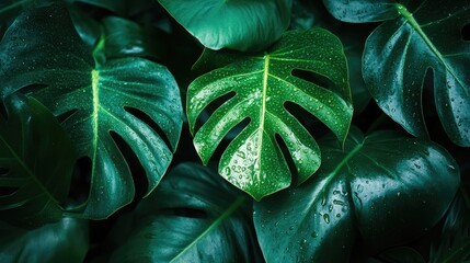 Lush Monstera Leaves with Dew: Capturing Nature's Beauty in Green Foliage
