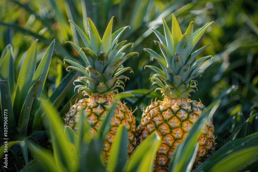 Wall mural close up two pineapple fruits in pineapple farming.