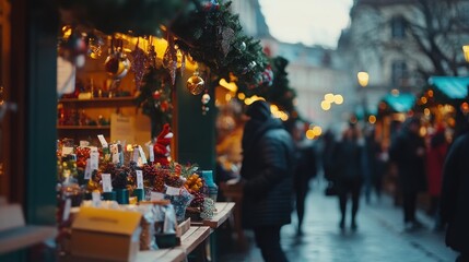Obraz premium A bustling Christmas market with festive decorations, wooden stalls, and a crowd of people shopping for gifts.