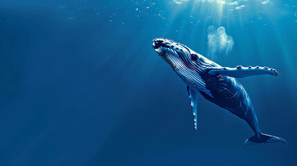 Fototapeta premium Underwater view of a large blue whale swimming upwards in the ocean with sunlight filtering through the water.
