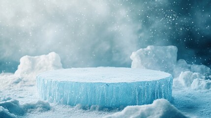 Ice podium with snowy background for mockup display or presentation of products. Advertising theme concept.
