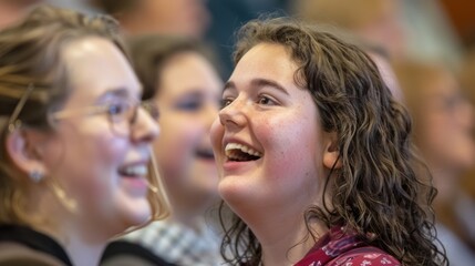 Naklejka premium Woman laughs at a conference with friends, feeling happy and connected. The event is a mix of learning and networking for professionals, filled with joy and inspiration