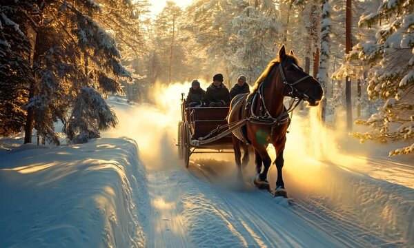 A traditional horse-drawn sleigh gliding through a snow-covered forest, leaving a trail of glistening dust in its wake.