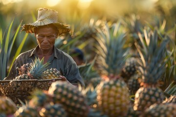 Farmer harvesting in pineapple farm   fruits field.