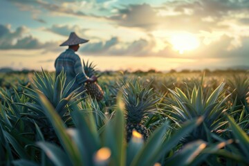 Farmer harvesting in pineapple farm   fruits field.