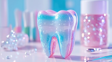 Sparkling 3D Tooth Model in Pastel Dental Office Setting with Glitter Effect