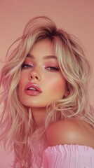 Fototapeta premium Portrait of a young woman with soft makeup against a pink background capturing summer vibes