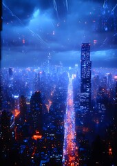 Obraz premium A cityscape with a tall building in the background. The sky is blue and the city is lit up with lights