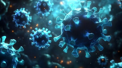 Fototapeta premium A close up of a blue virus with a yellow glow. The virus is surrounded by a blue background