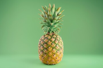 Full shot of whole raw ripe pineapple against green background