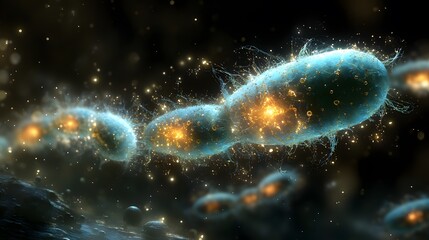 Obraz premium A cluster of glowing green and orange bacteria are floating in space. The bacteria are illuminated by a bright light, creating a surreal and otherworldly atmosphere