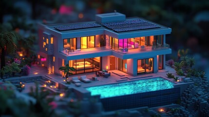 Obraz premium Modern house surrounded by lush greenery reflecting on a tranquil pond during sunset