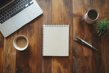 notebook and laptop workspace setup on a wooden table