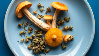 Micro-dosing concept. Psilocybe Cubensis mushrooms and Cannabis drying flowers on a plate, blue layout. Psilocybin psychedelic magic mushrooms Golden Teacher. Top view, flat lay isolated with white 