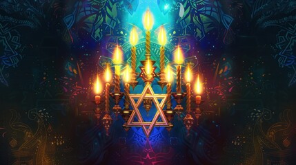 Vibrant Hanukkah Greeting Card Design with Glowing Menorah and Star of David