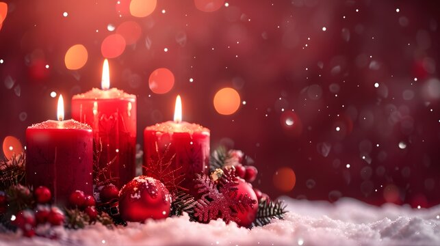 Christmas scene with three Red candles and festive decorations on a bokeh background. Perfect for holiday themes.