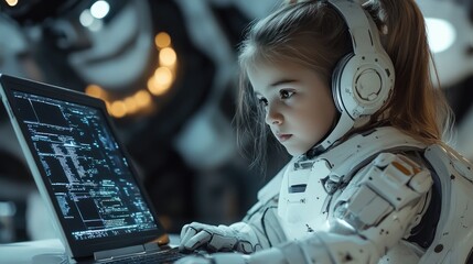 Child Engaged in Coding on Laptop in Futuristic Setting with Robotic Armor