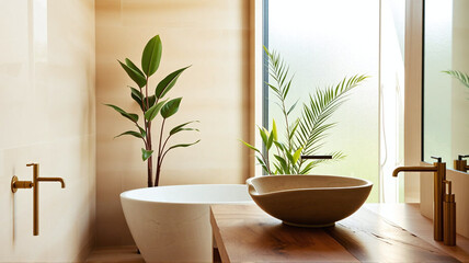 Modern, minimalist bathroom with plants and natural light