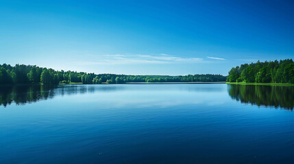 The image is a beautiful landscape of a lake on a sunny day. The water is calm and clear, reflecting the blue sky above.