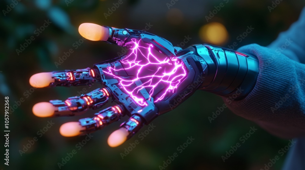 Poster a futuristic robotic hand displays vibrant electric energy coursing through its design, set against 