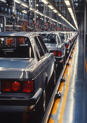 Fototapeta premium A row of cars are being manufactured in a factory. The cars are silver and are lined up on a conveyor belt. The conveyor belt is moving the cars along the assembly line