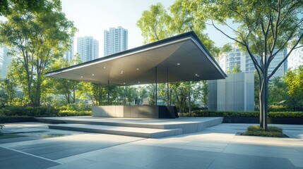 Obraz premium A modern pavilion surrounded by greenery and urban buildings, designed for gatherings.