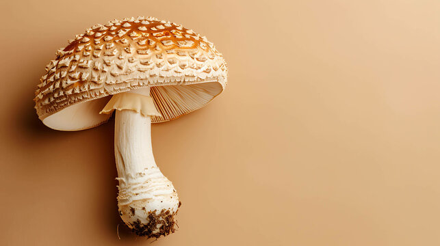 A large, solitary mushroom with a tall stalk. The mushroom has a brown cap with white spots and a white stalk with a ring near the top.