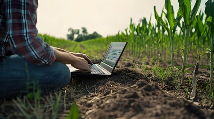 Farmer using a laptop to analyze data from soil sensors placed around the field, with a focus on technology driven soil management and crop optimization