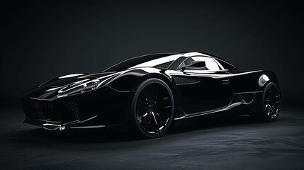 The image is a dark and moody render of a futuristic sports car. The car is sleek and aerodynamic, with a low profile and wide stance.