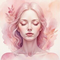 Watercolor Portrait of a Girl in Meditative Pose with Floral Accents – Dreamy and Serene Artistic Design in Soft Pink Tones