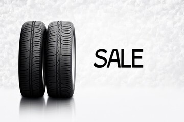 Two black tires displayed with the word "SALE" on a clean, white background, ideal for promotions related to automotive parts, tire discounts, or vehicle maintenance