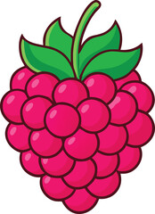 Raspberry Illustration with Leafy Stem, Bright and detailed illustration of a raspberry with a leafy stem, showcasing its vibrant red color and clustered texture in a graphic style.