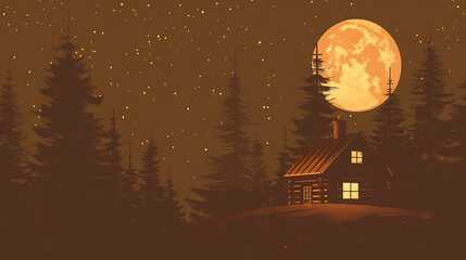Fototapeta premium A wooden house in the middle of a forest. The moon is full and the stars are out. The house is lit up from the inside.