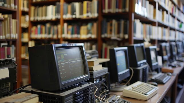 Row of bulky outdated desktop personal computers are lined up on a long wooden table in a library, ready for students to use for an exam