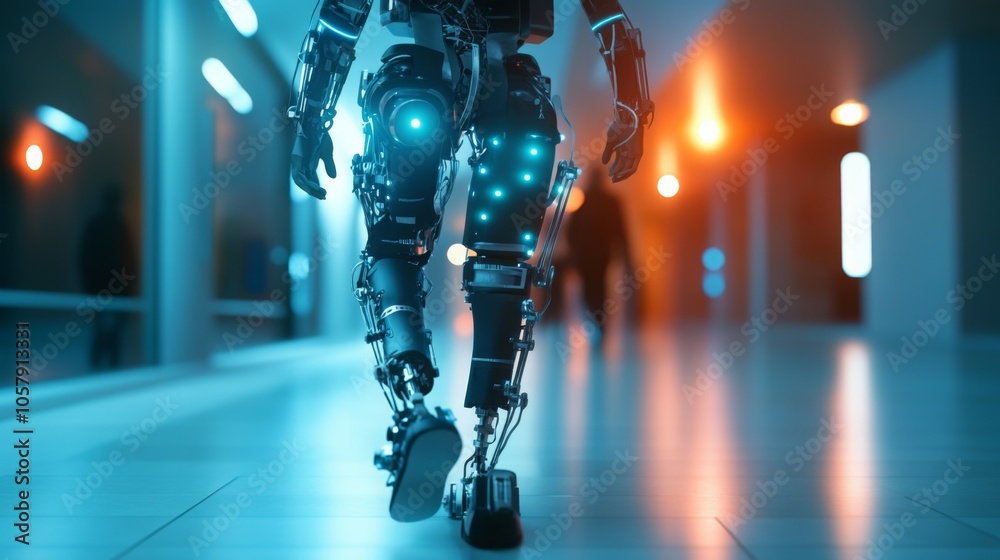 Aufkleber A robotic exoskeleton steps confidently down a modern corridor illuminated by soft lights, highlighting its advanced technology.