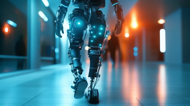 A robotic exoskeleton steps confidently down a modern corridor illuminated by soft lights, highlighting its advanced technology.