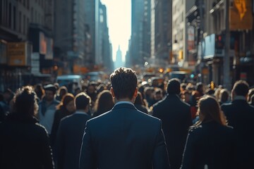 Obraz premium Man in Suit Walking Through a Busy City Street Skyline