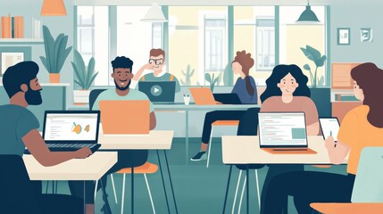 Naklejka premium Online learning scene with students joining virtual classes on their laptops, interacting with teachers via video chat and e-learning platform. Illustration.